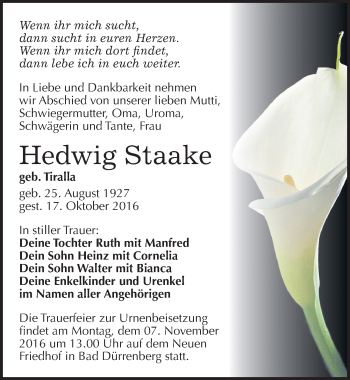 Traueranzeige von Hedwig Staake von Mitteldeutsche Zeitung Merseburg/Querfurt