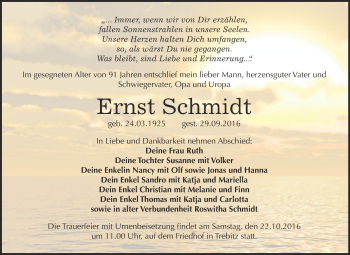 Traueranzeige von Ernst Schmidt von WVG - Wochenspiegel Wittenberg