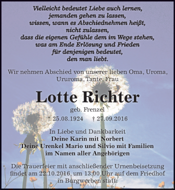 Traueranzeige von Lotte Richter von Mitteldeutsche Zeitung Weißenfels