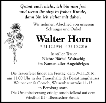 Traueranzeige von Walter Horn von Mitteldeutsche Zeitung Bernburg