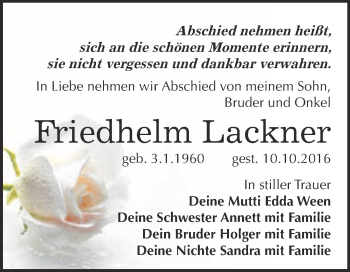 Traueranzeige von Friedhelm Lackner von Super Sonntag Merseburg