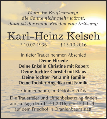 Traueranzeige von Karl-Heinz Kelsch von WVG - Wochenspiegel Wittenberg