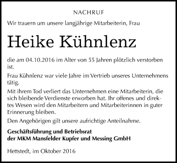 Traueranzeige von Heike Kühnlenz von Mitteldeutsche Zeitung Mansfelder Land