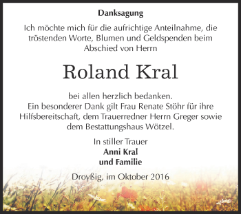 Traueranzeige von Roland Kral von Super Sonntag Zeitz