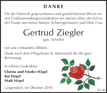Traueranzeige von Gertrud Ziegler von Mitteldeutsche Zeitung Zeitz
