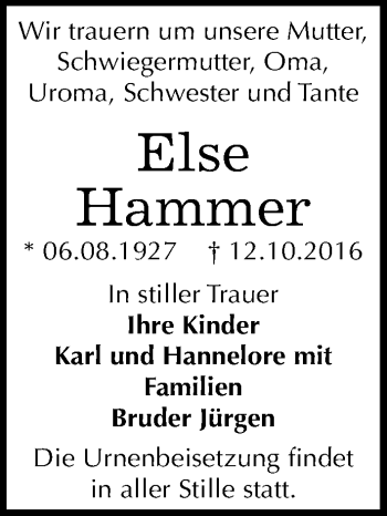 Traueranzeige von Else Hammer von Mitteldeutsche Zeitung Bernburg