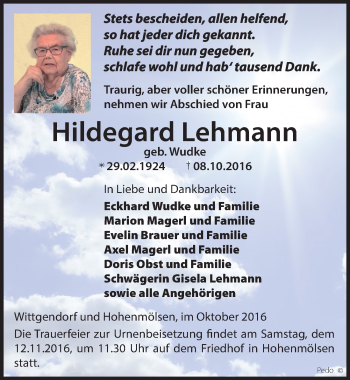 Traueranzeige von Hildegard Lehmann von Mitteldeutsche Zeitung