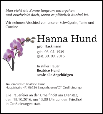 Traueranzeige von Hanna Hund von Super Sonntag SGH Mansf. Land