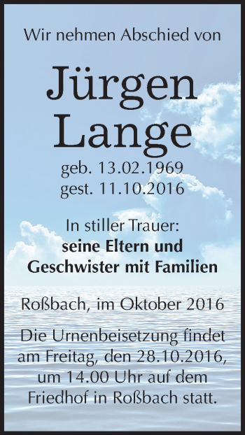 Traueranzeige von Jürgen Lange von Mitteldeutsche Zeitung Merseburg/Querfurt