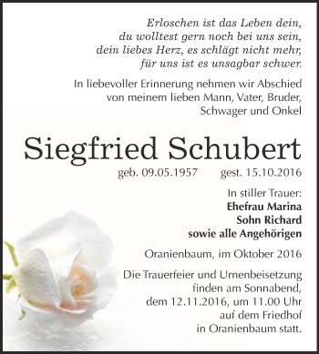 Traueranzeige von Siegfried Schubert von WVG - Wochenspiegel Wittenberg