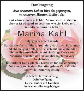 Traueranzeige von Marina Kahl von Mitteldeutsche Zeitung Weißenfels