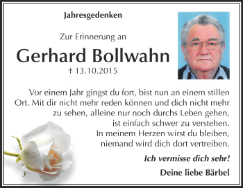 Traueranzeige von Gerhard Bollwahn von WVG - Wochenspiegel Dessau / Köthen