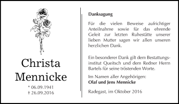 Traueranzeige von Christa Mennicke von WVG - Wochenspiegel Dessau / Köthen