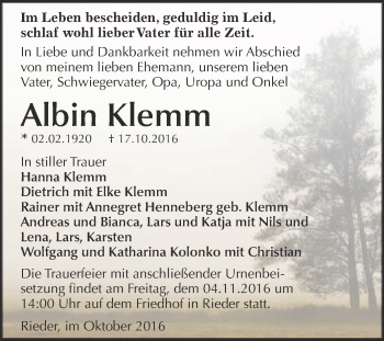 Traueranzeige von Albin Klemm von WVG - Wochenspiegel Quedlinburg