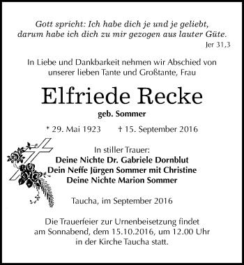 Traueranzeige von Elfriede Recke von Mitteldeutsche Zeitung Weißenfels