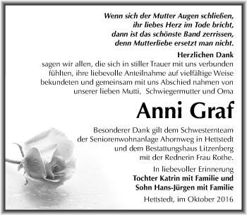 Traueranzeige von Anni Graf von Mitteldeutsche Zeitung Mansfelder Land