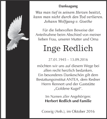 Traueranzeige von Inge Redlich von Super Sonntag Wittenberg