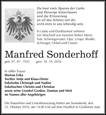 Traueranzeige von Manfred Sonderhoff von Mitteldeutsche Zeitung Mansfelder Land