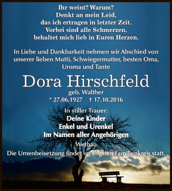 Traueranzeige von Dora Hirschfeld von WVG - Wochenspiegel NMB / WSF / ZTZ