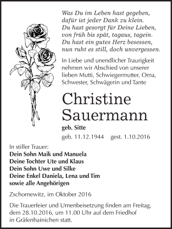 Traueranzeige von Christine Sauermann von WVG - Wochenspiegel Wittenberg