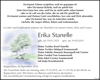 Traueranzeige von Erika Stanelle von WVG - Wochenspiegel NMB / WSF / ZTZ
