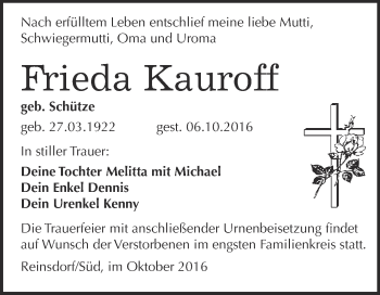 Traueranzeige von Frieda Kauroff von Super Sonntag Wittenberg