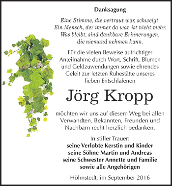 Traueranzeige von Jörg Kropp von Mitteldeutsche Zeitung Halle/Saalkreis