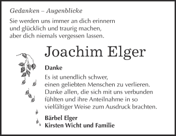 Traueranzeige von Joachim Elger von Super Sonntag Merseburg