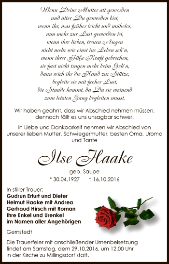 Traueranzeige von Ilse Haake von WVG - Wochenspiegel NMB / WSF / ZTZ