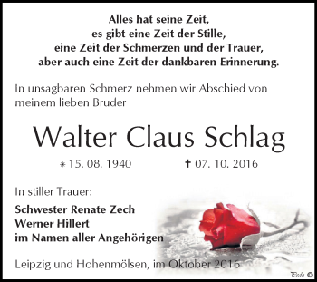 Traueranzeige von Walter Claus Schlag von WVG - Wochenspiegel NMB / WSF / ZTZ
