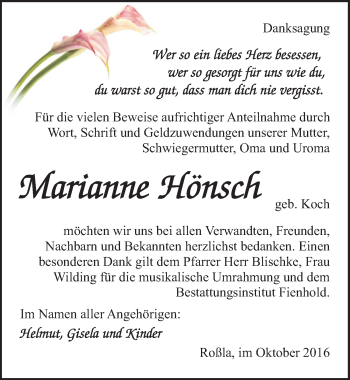 Traueranzeige von Marianne Hönsch von Mitteldeutsche Zeitung Sangerhausen