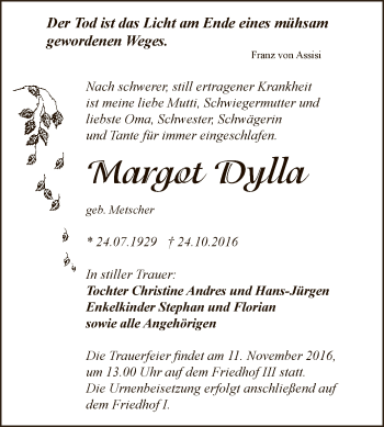Traueranzeige von Margot Dylla von WVG - Wochenspiegel Dessau / Köthen