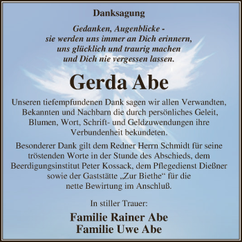 Traueranzeige von Gerda Abe von WVG - Wochenspiegel Dessau / Köthen