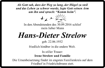 Traueranzeige von Hans-Dieter Strelow von Mitteldeutsche Zeitung Quedlinburg