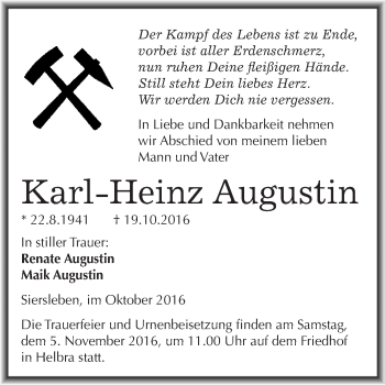 Traueranzeige von Karl-Heinz Augustin von Wochenspiegel Mansfelder Land