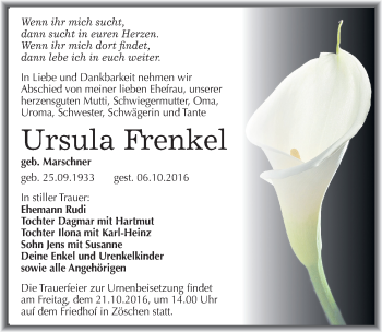 Traueranzeige von Ursula Frenkel von Mitteldeutsche Zeitung Merseburg/Querfurt
