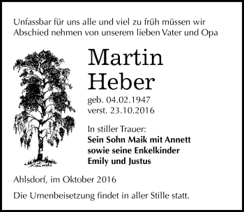 Traueranzeige von Martin Heber von Mitteldeutsche Zeitung Mansfelder Land