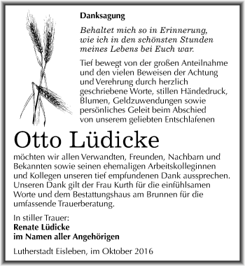 Traueranzeige von Otto Lüdicke von Mitteldeutsche Zeitung Mansfelder Land