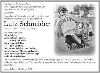 Traueranzeige von Lutz Schneider von Wochenspiegel Mansfelder Land