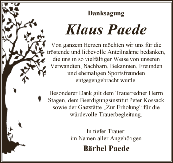 Traueranzeige von Klaus Paede von WVG - Wochenspiegel Dessau / Köthen