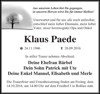 Traueranzeige von Klaus Paede von WVG - Wochenspiegel Dessau / Köthen