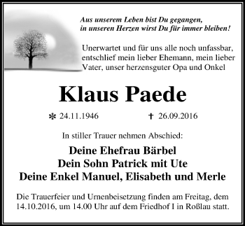 Traueranzeige von Klaus Paede von Mitteldeutsche Zeitung Dessau-Roßlau