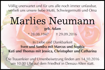 Traueranzeige von Marlies Neumann von WVG - Wochenspiegel Dessau / Köthen