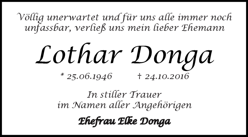  Traueranzeige für Lothar Donga vom 29.10.2016 aus WVG - Wochenspiegel Dessau / Köthen
