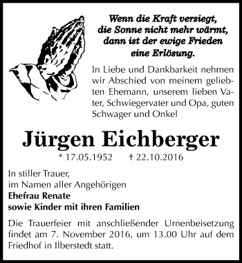 Traueranzeige von Jürgen Eichberger von Mitteldeutsche Zeitung Bernburg