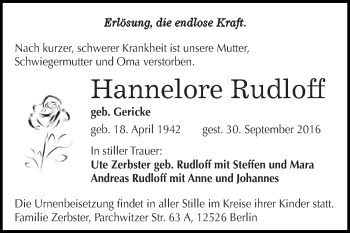 Traueranzeige von Hannelore Rudloff von WVG - Wochenspiegel Dessau / Köthen