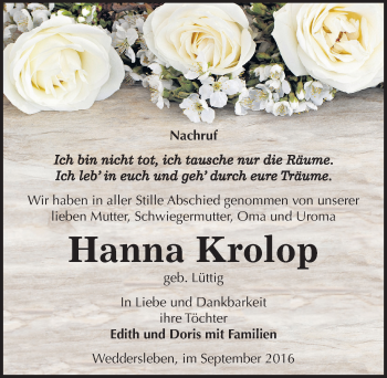 Traueranzeige von Hanna Krolop von Mitteldeutsche Zeitung Quedlinburg