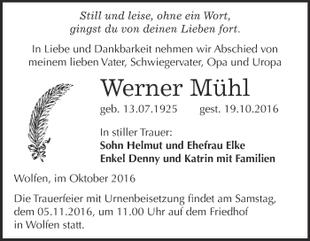Traueranzeige von Werner Mühl von WVG - Wochenspiegel Bitterfeld