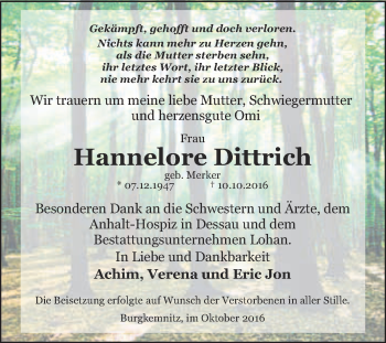 Traueranzeige von Hannelore Dittrich von WVG - Wochenspiegel Bitterfeld