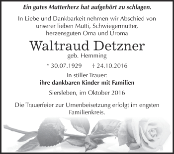 Traueranzeige von Waltraud Detzner von Super Sonntag SGH Mansf. Land